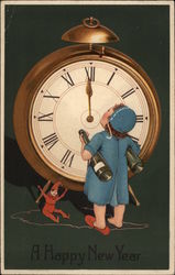 Lady in Blue Nightgown holding Champagne and watching a Clock Postcard