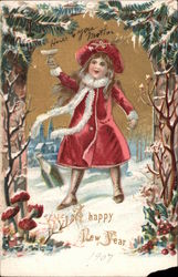 Girl in Red Coat and Hat Toasting the New Year Postcard