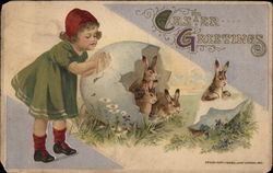 Little Girl Watches Rabbit Family in Oversize Egg Shell Postcard