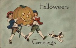 Two Children Carrying a Large Jack O' Lantern With a Dog Postcard