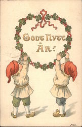 God Nytt Ar - Happy New Year - Elves with Wreath Postcard