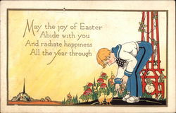 Dutch Boy and Baby Chicks, with Village in Background Postcard