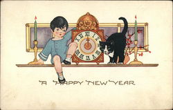 A Happy New Year - Child, Clock and Black Cat Postcard