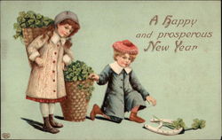 Children with Baskets of Lucky Clovers and a Horseshoe Postcard