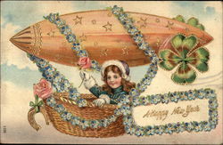 A Happy New Year - Girl with Airship Postcard