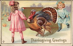 Thanksgiving Greetings - Girls with Turkey Postcard