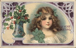 New Year Greeting - Young Girl with Vase of Holly Postcard