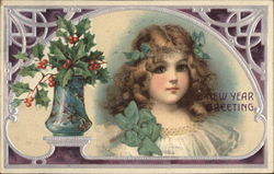New Year Greeting - Young Girl with Vase of Holly Postcard
