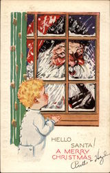 Boy looking at Santa through Bedroom Window Postcard