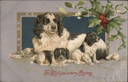 Black and White Dog with Two Puppies and a Sprig of Holly Dogs Postcard Postcard