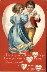 Girl in blue dress dancing with boy in red jacket Postcard