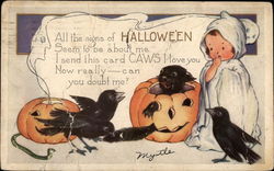 Crows, pumpkins, and little girl ghost Postcard