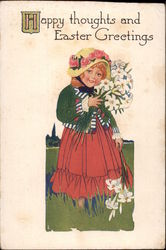Girl in red dress holding Easter Lillies Postcard