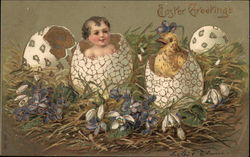 Easter Greetings - Baby and Chick in Eggs Postcard