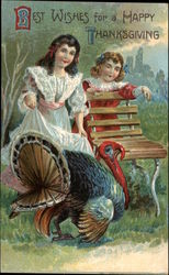 Young Girls With Thanksgiving Turkey Postcard