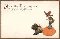 Young Pilgrim standing on Pumpkin looking at Turkey Postcard