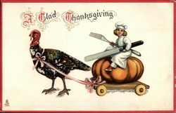 A Glad Thanksgiving - Turkey with Chef and Pumpkin Postcard