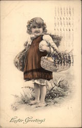 Easter Greetings - Child Carrying Basket of Eggs Postcard