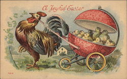 Rooster Pulling Carriage of Baby Chicks Postcard