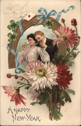 A Happy New Year - Couple with Horseshoe and Flowers Postcard
