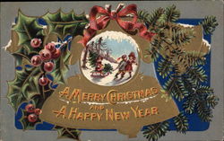 Children Play with Sled, With Christmas Decoration Postcard