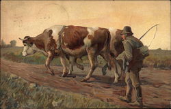 Farmer with Cows Postcard