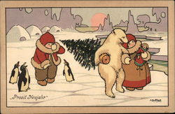 Prosit Neujahr/Happy New Year - Children with Penguins and Polar Bear Postcard