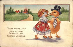Duck Couple in Easter Dress in Front of Church Postcard