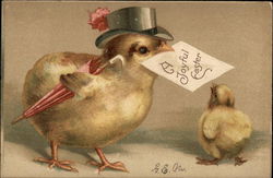 Chick in Top Hat with Umbrella Carrying a Card Postcard
