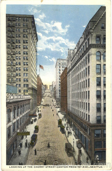 Looking Up the cherry street Canyon from 1st Ave Seattle Washington
