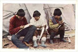 Eskimo Boys Carving Ivory Alaska Postcard