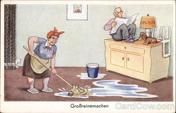 Woman Mopping Floor With Husband on Top of Buffet Comic, Funny