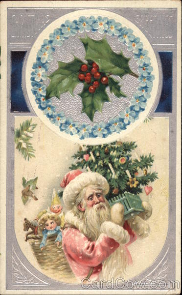 Holly in Circle, Santa with tree and toys Santa Claus