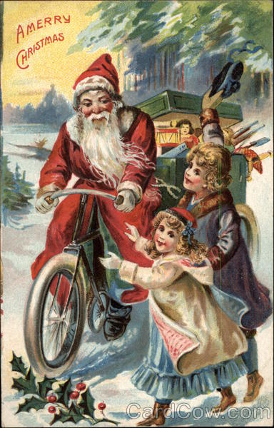 Santa on Bicycle Delivering Toys Santa Claus