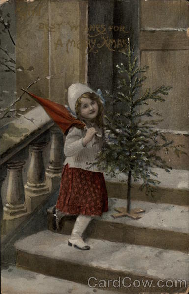 Girl with small Christmas Tree, holding red umbrella