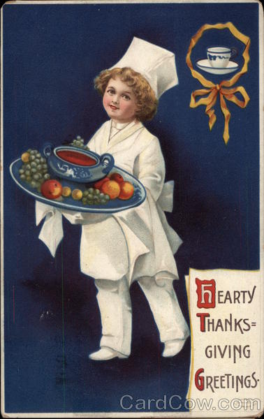 Hearty Thanksgiving Greetings - Boy in Chef's Dress with Platter