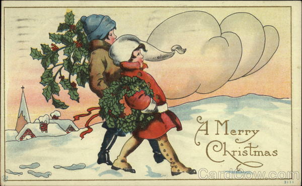 Two Children Carrying Winter Greenery