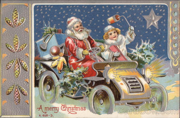 A Merry Christmas - Santa and Child in a Vintage Car Snowmen