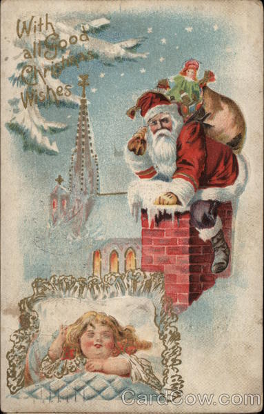 Santa in Chimney, child in bed Santa Claus