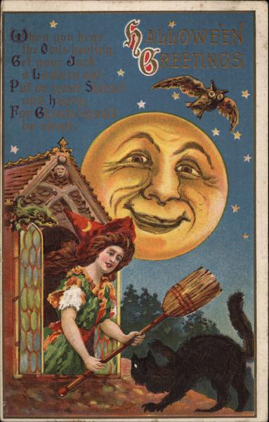 Witch Shooing Black Cat Off Roof Halloween