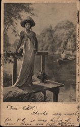 Trysting - Woman by River and Man with Rowing Boat Postcard