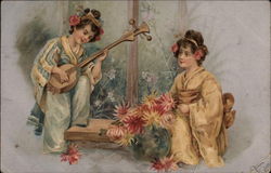 Two Woman Dressed Japanese Style Postcard