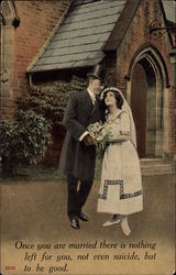 Married Couple outside Church Marriage & Wedding Postcard Postcard