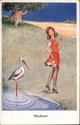 Girl Lifting Skirt to Stork Postcard