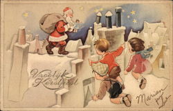 Santa Claus an Rooftops with Children Peeping Postcard