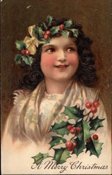 A Merry Christmas - Girl with Holly Postcard