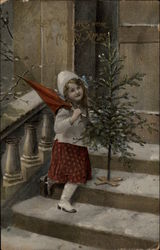 Girl with small Christmas Tree, holding red umbrella Postcard