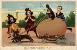 Easter Greetings - Rabbits with Cart and Giant Egg Postcard