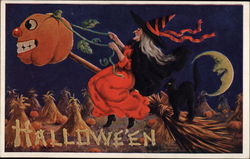 Halloween - Witch and Pumpkins Postcard