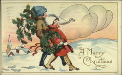 Two Children Carrying Winter Greenery Postcard